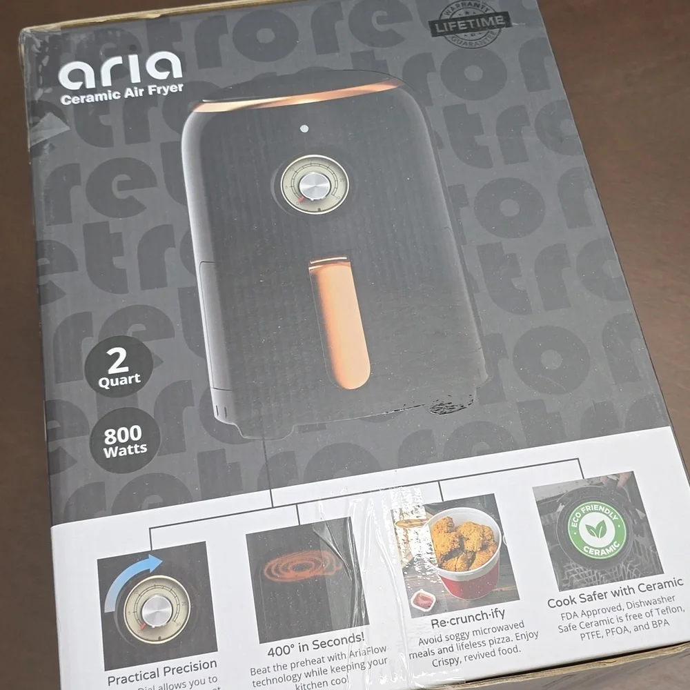 ARIA AIRFRYER Black and Gold Ceramic Air Fryer 2‎ Quart Unopened NEW in BOX